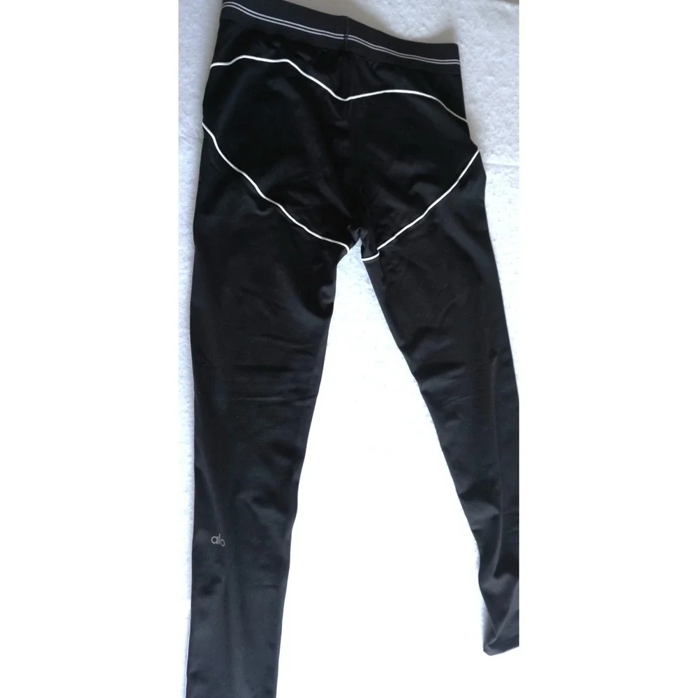 Alo Yoga Womens 2 Piece Set Sports Bra and Leggings Black White Piping XL